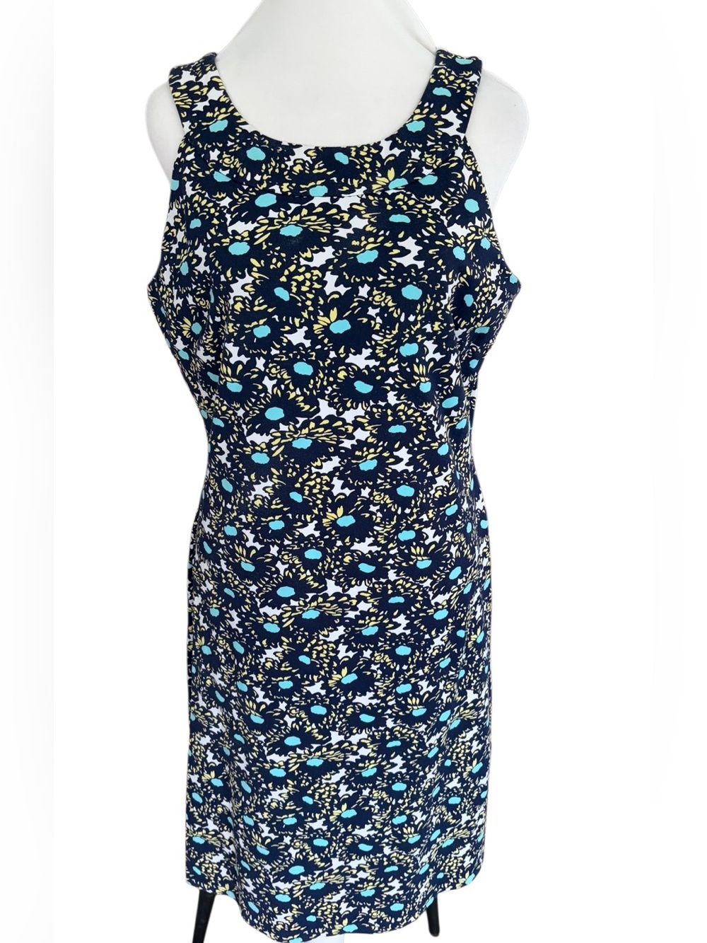 J. McLaughlin Navy Floral Midi Dress with Turquoise and Yellow Accents